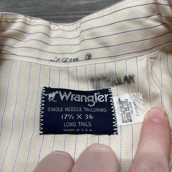 Vintage 70s 80s Wrangler Striped Mens 17.5-36 Long Tail Pearl Snap Western Shirt - Picture 6 of 11